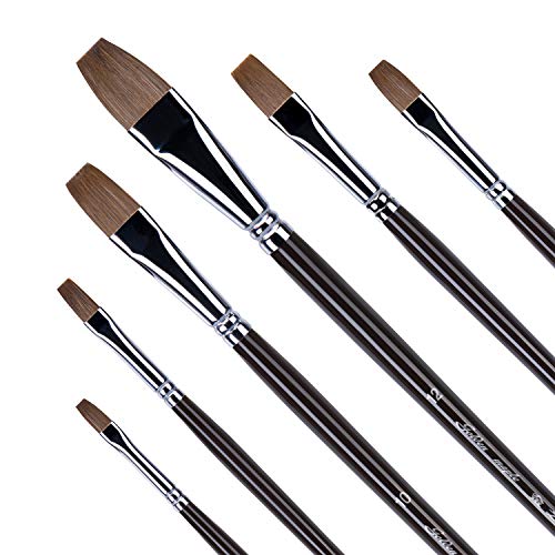 Golden Maple Filbert Paint Brushes - Professional 6PCS Red Sable Long Handle, Artist Paint Brush Set for Acrylic, Gouache and Watercolor Painting, Well-Balance Birch Wooden Handle - Flat