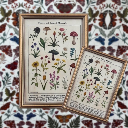 Flowers and fungi of Minecraft vintage flora print | A4