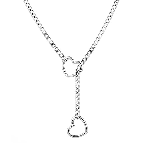 sroyte Heart Slip Chain Necklaces for Women,Stainless Steel O-Ring Adjustable Lariat Heart Y-Necklace,Punk Gothic Cuban Collar Choker Necklace for women - 25" - Silver Heart