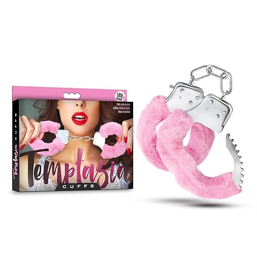 Blush Novelties Temptasia Realistic Pink Faux Fur Metal Hand Cuffs - Double Lock Adjustable Wrist Restraints with Keys and Safety Release - Heavy Duty Fantasy Bondage BDSM Kinky Sex Toy for Couples - Pink