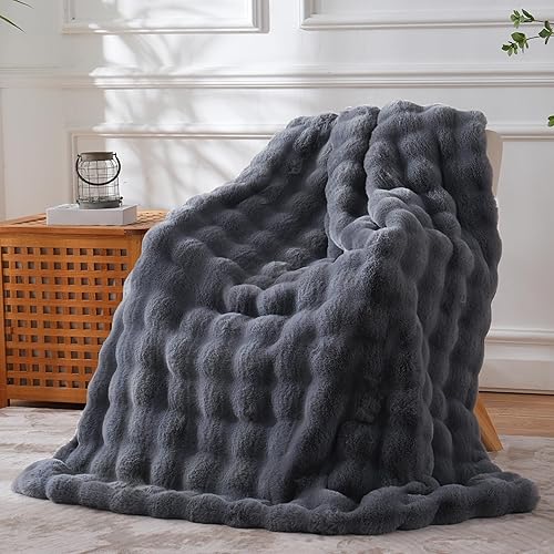 Faux Fur Throw Blanket Soft Plush Fluffy Blanket for Couch Sofa, Thickened Cozy Fuzzy Luxury Bubble Blanket for Bedroom Living Room Decor,Grey,50" x 60",1100GSM - Thickened Throw(50" x 60") - Graphite Grey