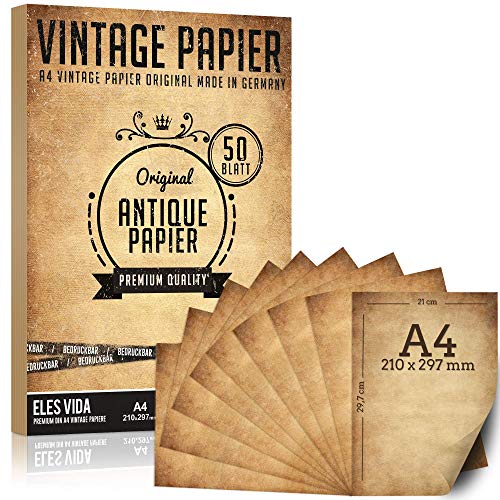 50 hojas de papel viejo de 100 g / m2 más papelería antigua DIY A4, impresión de comunión en ambos lados, rollo de papel para mapas, invitaciones históricas - Antiguo - 50 - Antiguo