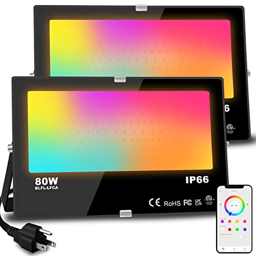 LED Flood Light Outdoor 800W Equivalent 8000LM Smart RGB Landscape Lighting with APP Control, DIY Scenes - Timing - Warm White 2700K - Color Changing Uplight, IP66 Waterproof US Plug MELPO(2Pack) - 2 pack
