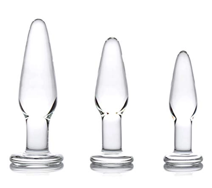 PRISMS Dosha 3 Piece Glass Butt Plug Set, Anal Training Kit with 3 Sizes of Clear Anal Plugs with Smooth Flat Base, for Men and Women, Adult Couples, Beginners and Advanced, Easy to Clean, 3 Pack