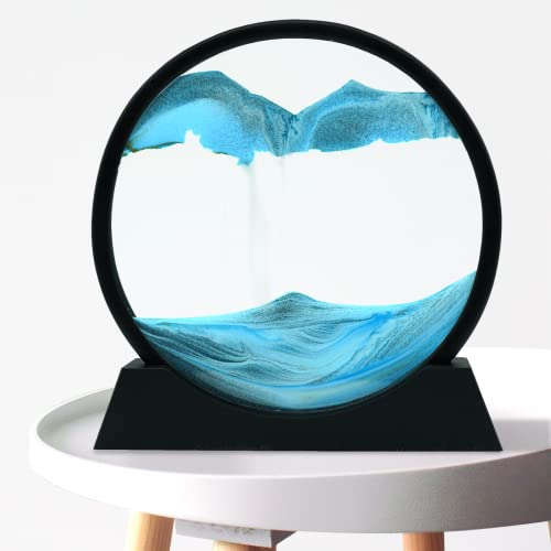 Winthfure Moving Sand Art Picture-3D Liquid Motion Deep Sea Sandscape in Display Round Glass Flowing Sand Frame, Kid's Large Desktop Dynamic Art Toys, Home Office Desktop Decor(12”, Water Lake Blue) - Water Lake Blue - 12"