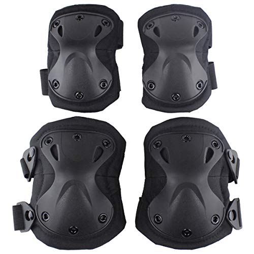 AOUTACC Tactical Combat Knee & Elbow Protective Pads Set for Outdoor CS Paintball Game Cycling Safety Skateboarding Gear Skates Knee Protection Guard Pads - Black