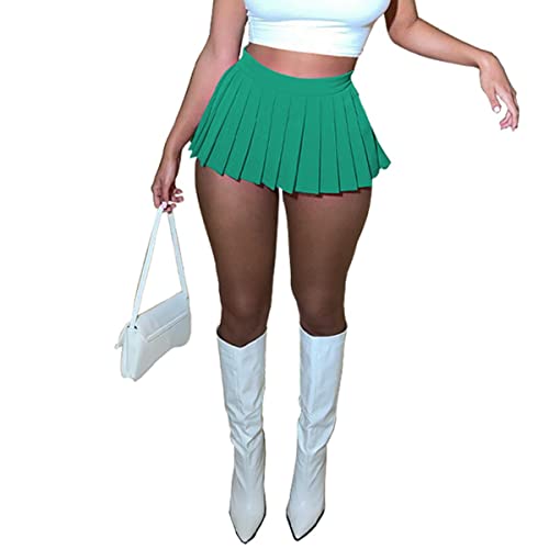 Women's Mini Pleated Skirts Sexy Club Y2k High Wiast Stretchy Tennis Skater A-line Skirt - Small - Green