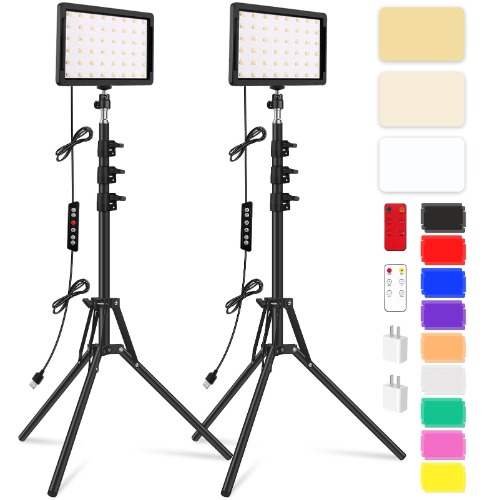 Unicucp 2 Packs LED Video Light Kit with 61.99" Tripod Stand, Dimmable 2400-6800K Photography Lighting for Studio Portraits/YouTube/Zoom Meeting/Live Stream/Makeup, 9 Color Filters/USB Wall Charger - 2400-6800K with 61.99''