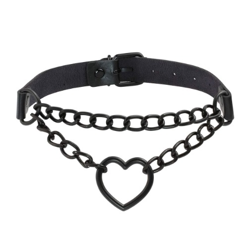 Manfnee PU Leather Choker Punk Emo Heart Pendant Chain Choker Collar Necklace for Women Adjustable - A6