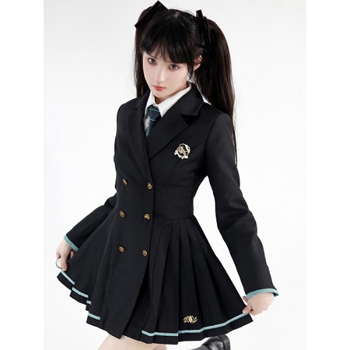 [$64.75]Pleated Skirt Black Blazer Dress Gold Miku and Ginkgo Leaves Embroidery