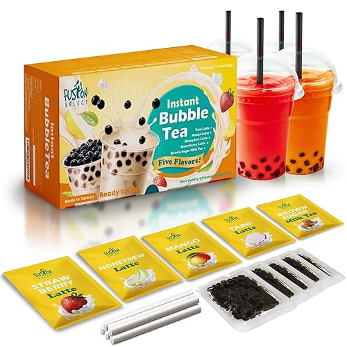 Fusion Select 5 Packs Taro, Mango, Honeydew, Strawberry Bubble Tea Kit Set With Extra Rich Tapioca Pearls, Straws - Mix Fruity