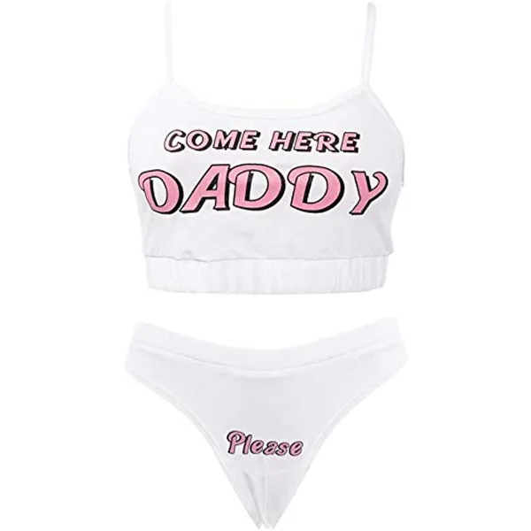 Multitrust Sexy Women Come Here Daddy Please Strappy Lingerie Set 2PCS Slutty Underwear Tank Tops and Panty Pajamas Sleepwear