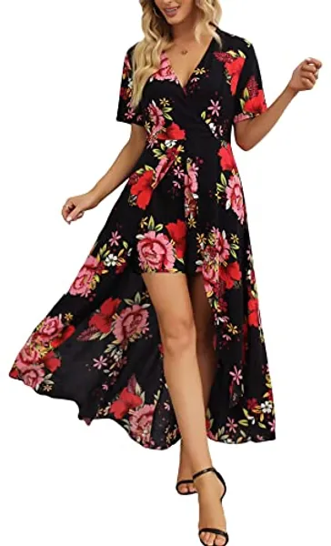 Kormei Womens Sleeveless Scoop Neck Floral Rayon Party Split Maxi Romper Dress