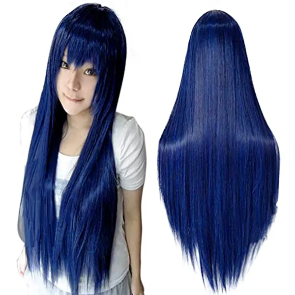 Anogol Hair Cap+32Inch/80cm Dark Blue Wig Long Cosplay Wig for Women Peluca Larga Azul Oscuro straight wig For Women Anime Cosplay Synthetic Wig Dark Blue Cosplay Wig for Halloween Costumes Party
