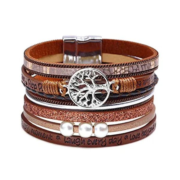 Fesciory Leather Wrap Bracelets for Women, Boho Leopard Multi-Layer Crystal Beads Cuff Bracelet Jewelry
