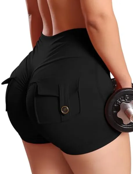 SEASUM Women Pocket Shorts Scrunch Butt Workout Cargo Shorts V Waist Yoga Booty Lifting Gym Bottom