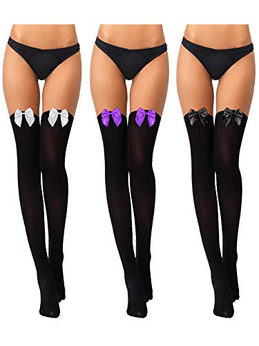 3 Pairs Women Thigh High Socks with Bow Knee Thigh Highs Stockings for Women Girls Dress Daily Summer Favors - Medium - Black With Black Bow, Black With Purple Bow, Black With White Bow