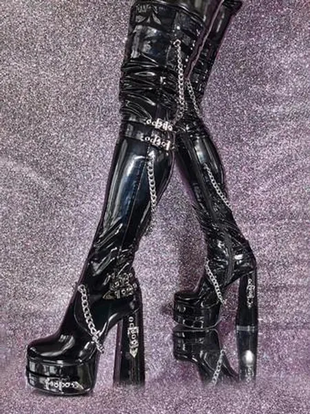Black Thigh High Boots Platform Chunky Heel Chain Detail Over The Knee Gothic Boots