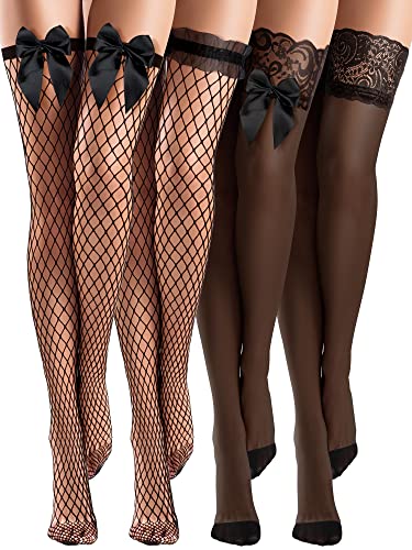 Bencailor 4 Pairs Fishnet Thigh High Stocking Silicone Lace Top Sheer Over Knee Stocking Silky Stockings for Women - Retro Black - Medium