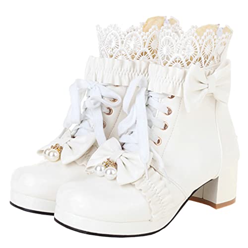 Meefit Women Platform Boots Lace Up Chunky Heel Ankle Boots with Bow Cosplay Winter Shoes - 9 - White
