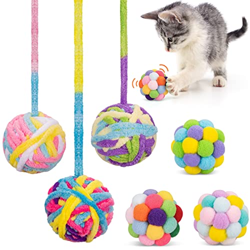 Retro Shaw 6 Pcs Cat Toys Ball with Bell,Kitten Balls Toys for Indoor Cats,Woolen Yarn Ball Toys - Soft Fuzzy Cat Balls,Funny Interactive Kitten Toys for Kitten, Jingle Balls Cat Toys Kitten Toys