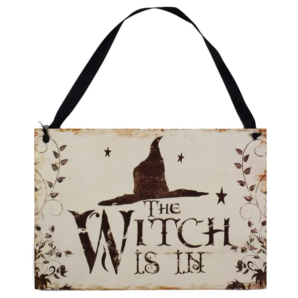 LaZimnInc Halloween Hanging Welcome Sign, The Witch is in, Wooden Hanging Plaques for Door Window Bar Shopping Malls Halloween Decorations - 