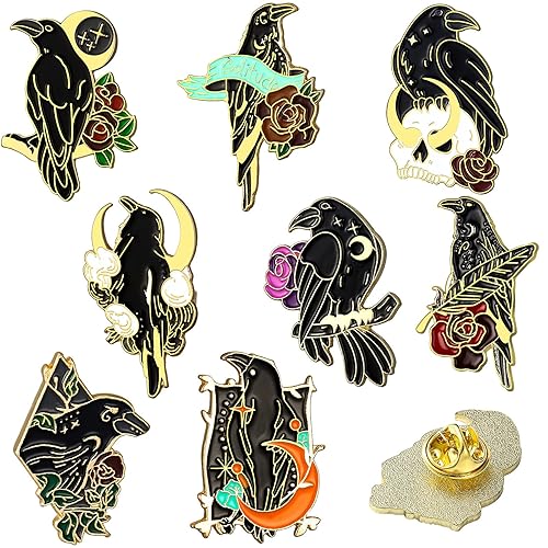 Juinte 8 Pieces Crow Enamel Pins Set Rose Moon Lapel Pin Anime Enamel Brooch Pins Aesthetic Gothic Badges for Women Backpack Denim Bag Jewelry Accessories