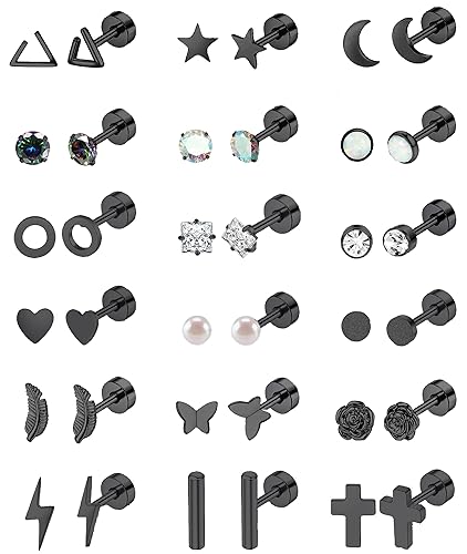 18 Pairs Stainless Steel Stud Earrings Set for Women Men Star Moon flower Heart Leaf Opal 20G Cartilage Earrings Hypoallergenic Flatback Earrings Piercing Jewelry - Black