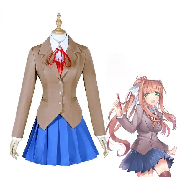 Damen Anime Cosplay Kostüme Doki Doki Literatur Club Sayori Yuri/Natsuki/Monika/Kleid JK Uniform Faltenrock Schuluniformen Outfit (Brown,L) - Brown L