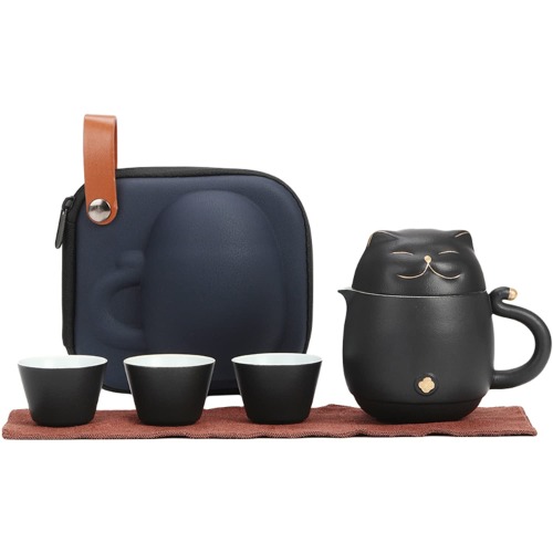 Travel Tea Set, Ceramic Mini Gongfu Portable Teapot Infuser Set for One with 3 Teacups, Smiley Cat Shape Teapot Set all-in-one Gift Suitable for Travel, Home, Gift, Outdoor and Office (black) - Black