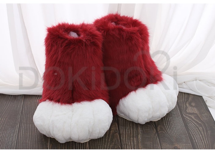 DokiDoki Cosplay Fursuit Animal Feet Beast Foot Furry Shoes Cute Bear Claw Winter | Dard red / Size L（Suitable for EU39-43）
