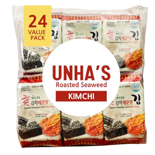Korean Crispy Seasoned Seaweed Snacks Kimchi Spicy Sheets - 12 Individual Packs 100% Natural Laver 12 Pack Roasted Nori Snack Healthy Premium Gim by Unha's Asian Snack Box (Kimchi_24PK) - Kimchi_24PK