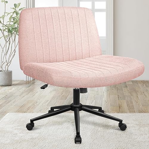 Orange Factory Criss Cross Chair with Wheels Comfy Cross Legged Office Desk Armless Wide Vanity Makeup Chair Adjustable Rolling Computer for Home Office Fabric (Pink) - Pink - Dual Base