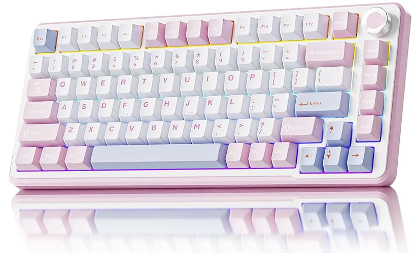 EWEADN GS75 Wireless Mechanical Keyboard, 75% Gaming Keyboard Gasket Hot Swappable Custom Keyboard with RGB, Knob, PBT Keycaps BT5.0/2.4G/USB-C Creamy Keyboard (Cream Pink Switch, Pink & White) - Pink & White
