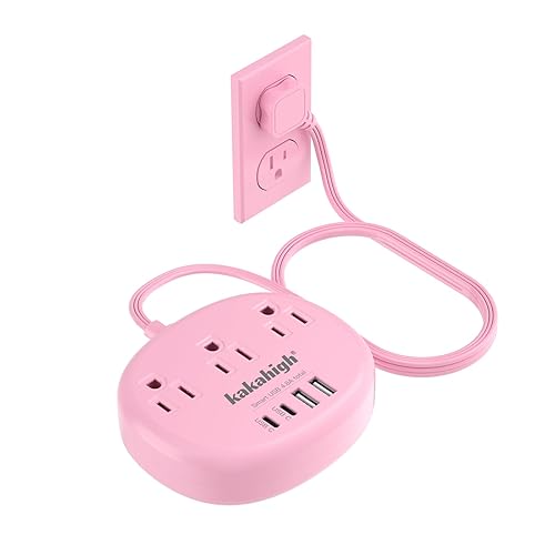 Pink Extension Cord with Surge Protected 1080J - 5 FT Flat Extension Cord, 1625W Cute Extension Cord with 3 AC Outlet 4 USB (24W/4.8A), Compact for Cute Pink Kawaii Desk Home Essentials - 5FT - Pink