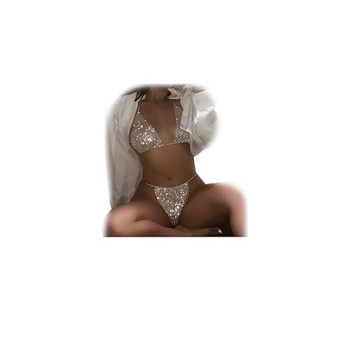 Cusmyre Women Rhinestone Bra Panties Sets Crystal Bikini Underwear Thong Body Chain Top Bra Sequin Brief Crop Top - One Size - Silver