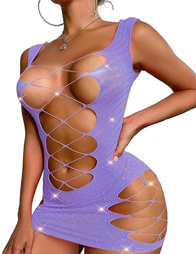 RSLOVE Womens Fishnet Lingerie Mesh Chemise Babydoll Bodysuit Lace Smock Lingerie for Women - One Size - Light Purple