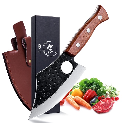 Purple Dragon Meat Cleaver Boning Knife Hand Forged Butcher Chef Knife Fillet Knife High Carbon Steel Full Tang with Leather Sheath Outdoor Knife for Kitchen Camping BBQ - C-Cleaver