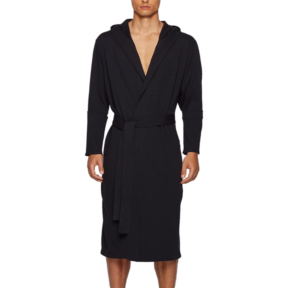 HOLOVE Men’s Cotton Robe Plus Size Bathrobe Lightweight Spa Soft Sleepwear - Large-X-Large Hoodie Black