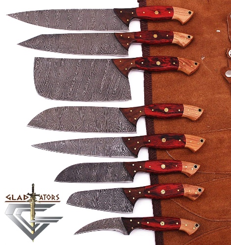 GladiatorsGuild G29RD- Professional Kitchen Knives Custom Made Damascus Steel 8 pcs of Professional Utility Chef Kitchen Knife Set with Chopper / Cleaver with Pocket Case Chef Knife Roll Bag (Red) - Red