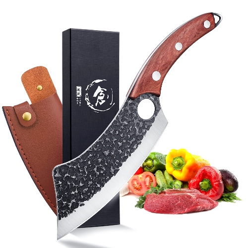 Golden Bird Meat Cleaver Knife Hand Forged Kitchen Knife Sharp Boning Knife with Sheath Carbon Steel Butcher Knife for Meat Cutting Outdoor Viking Knife for Camping - A- Meat Cleaver Knife with Hole