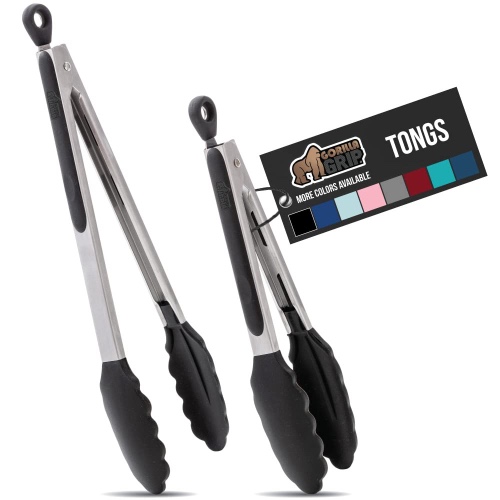 Gorilla Grip Stainless Steel Silicone Tongs for Cooking, Set of 2, Includes 7 and 9 Inch Locking Kitchen Tong, Heat Resistant Tip, Strong Grip for Meat, Perfect for Nonstick Pans and BBQ, Black - 7" + 9" Black