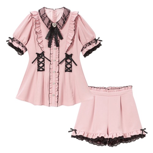 【秋新作5％】レース重ねウエストレースアップフリルセットアップ | ピンク×ブラック / 3L