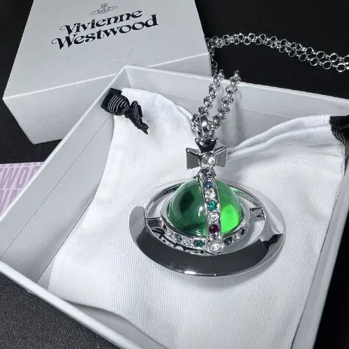 Vivienne Westwood Giant orb Green Crystal Silver Necklace IN Box