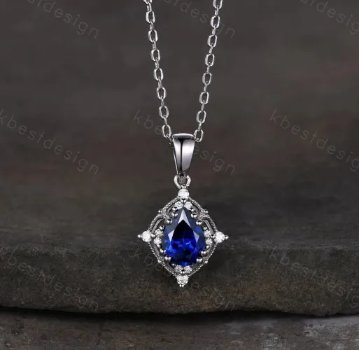 Pear cut Blue Sapphire Necklace Antique Art Deco Moissanite Pendant Necklace