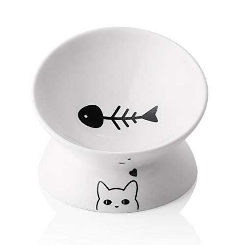 Sweejar Ceramic Raised Cat Bowls, Slanted Cat Dish Food or Water Bowls, Elevated Porcelain Pet Feeder Bowl Protect Cat's Spine, Stress Free, Backflow Prevention (White) - 5 Inch - White