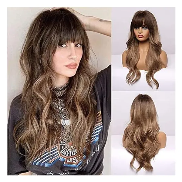 
                            BOGSEA Ombre Wig with Bangs Dark Blonde Wig Long Wavy Wigs for Women Synthetic Wavy Wigs Heat Resistant Hair Long Wigs for Daily Party (Dark Ashy Blonde Ombre)
                        