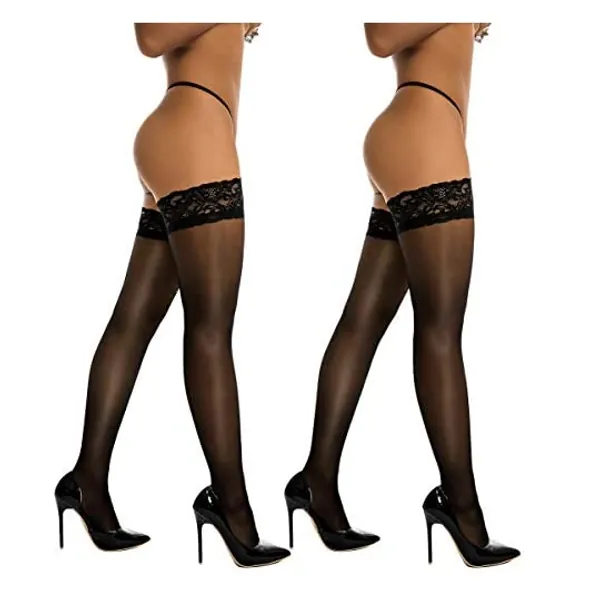 
                            Thigh High Stockings Silicone Lace Top Stay Up Silky Semi Sheer Pantyhose for Women Hold Up Nylon DORALLURE
                        