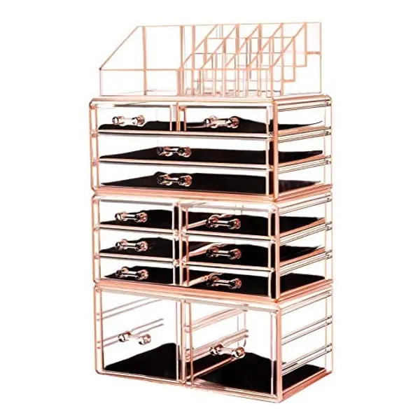
                            HBlife Makeup Organizer Acrylic Cosmetic Storage Drawers and Jewelry Display Box with 12 Drawers, 9.5" x 5.4" x 15.8", 4 Piece, Pink
                        