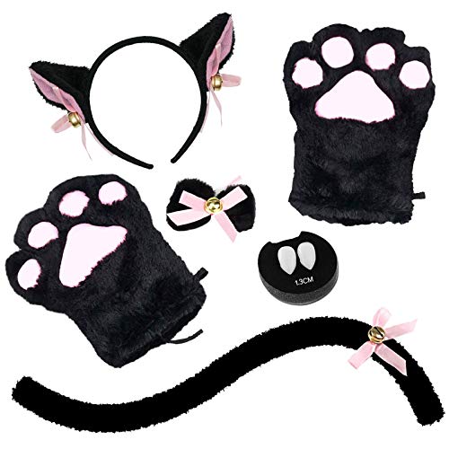 Abida Cat Cosplay Costume - 5 Pcs Cat Ear and Tail Set with Collar Paws Gloves and Vampire Teeth Fangs - Black